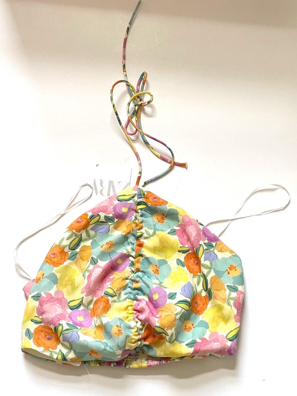 ZARA Floral Tie Triangle Halter Crop Top Blouse Pink Size Medium NEW